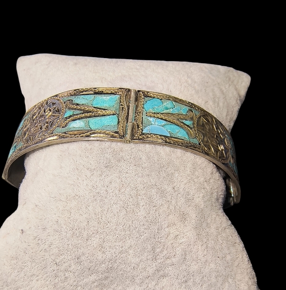 Vintage Mexico Sterling Silver & Crushed Turquoise Inca/Mayan Panel Bracelet - Picture 6 of 13